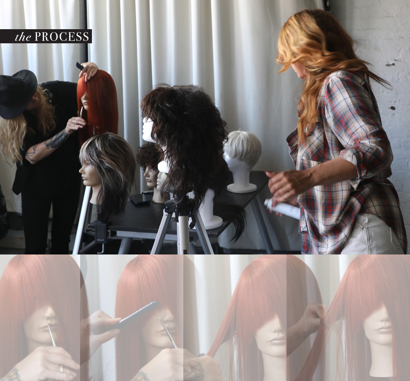 Makeup artist working with wigs in mannequin head